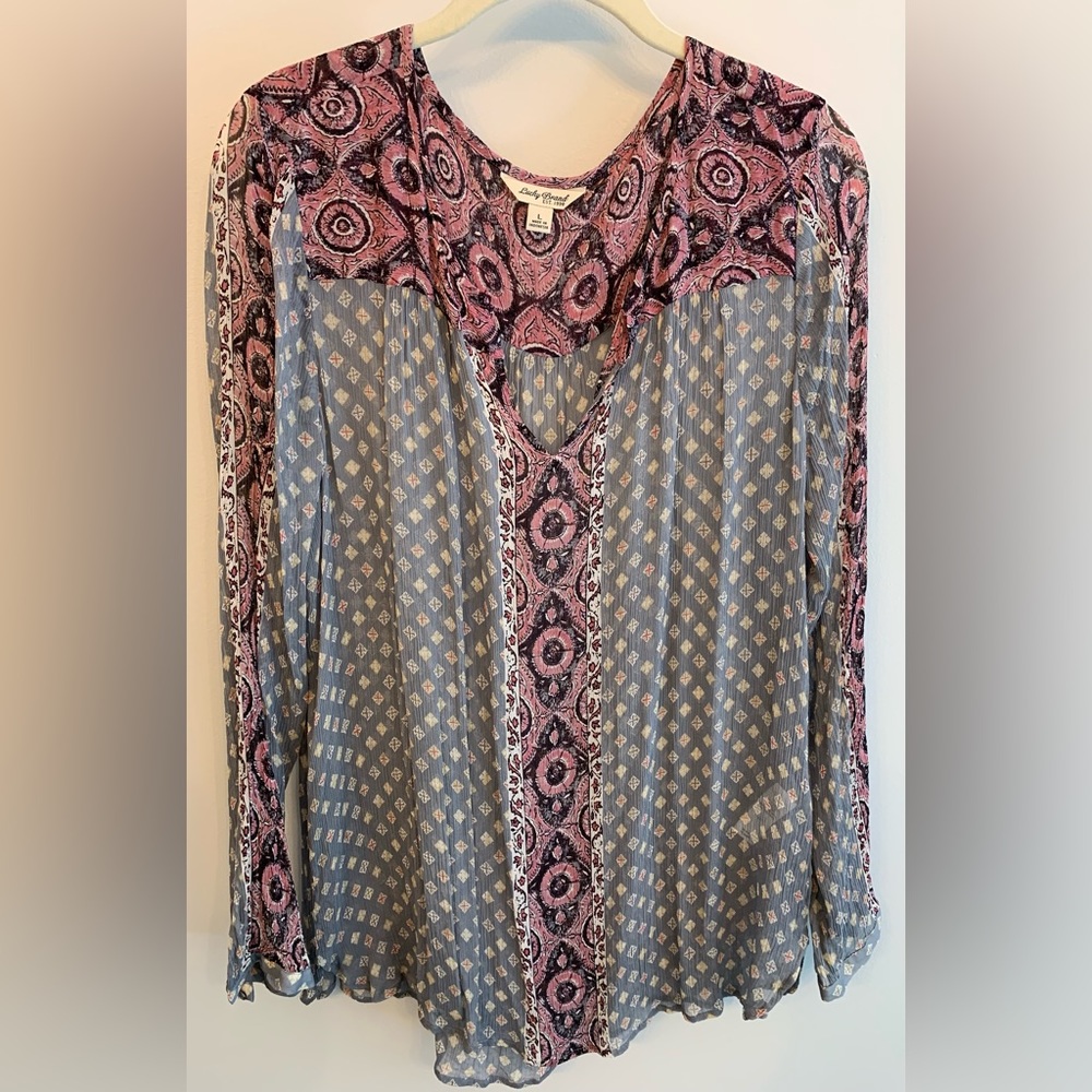 Lucky Brand sheer long sleeve pink/ gray top; Size: Large; excellent condition